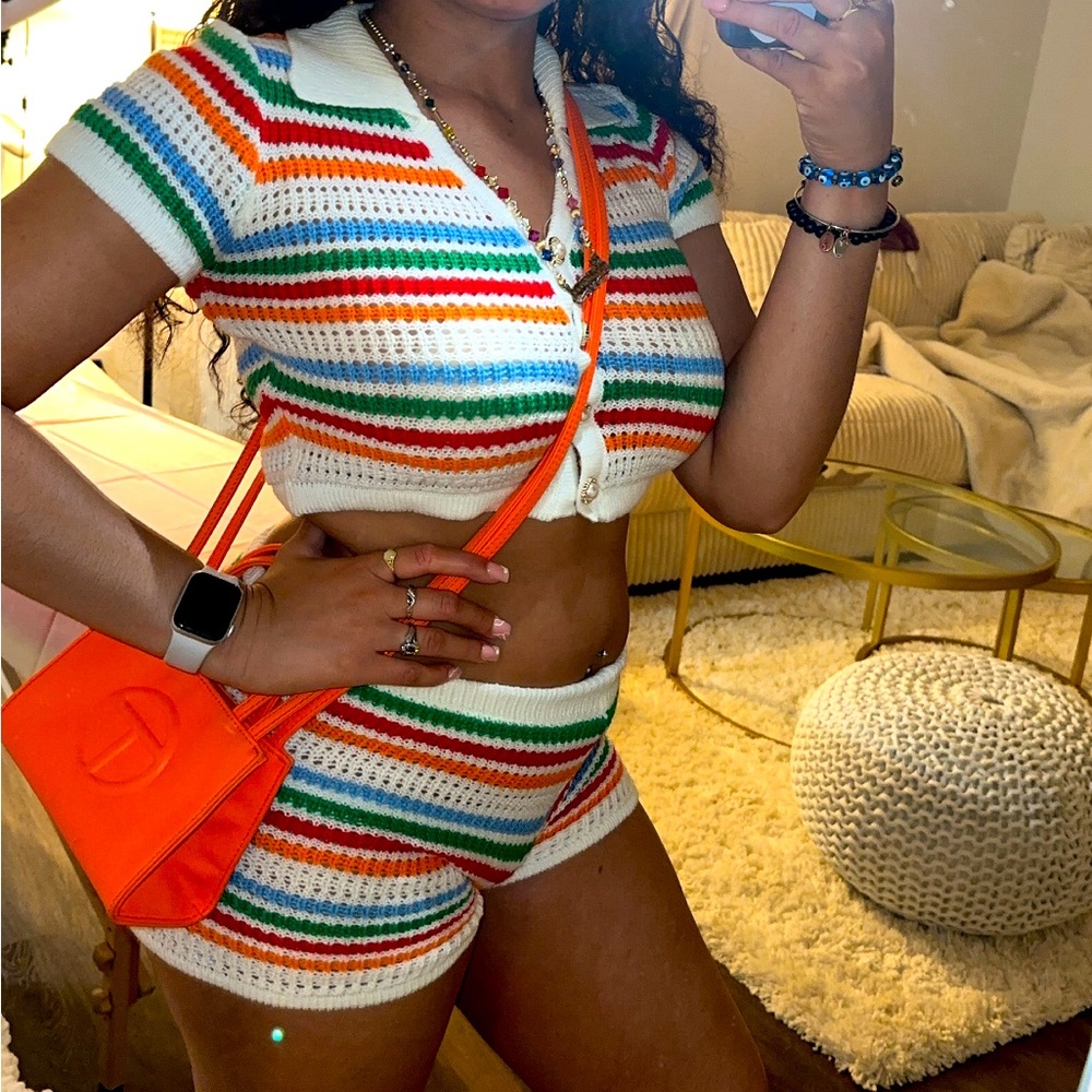 Colorful crochet/knitted 2 piece shorts set
